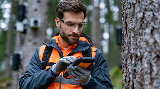 Realistic commercial stock photo of a Middle Eastern male ecologist field technician, mid 30s, medium-warm skin tone, short dark beard, wearing a technical field jacket, safety ves