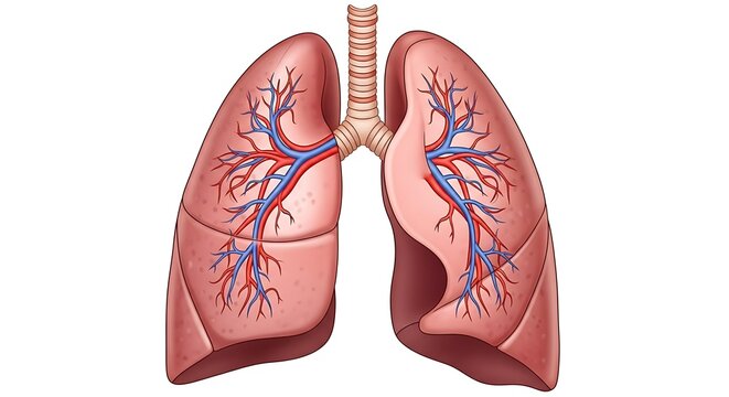 Anatomical diagram of human lungs with blood vessels.