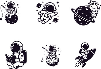 Astronauts in space with planets and stars illustrations © Saidurra12