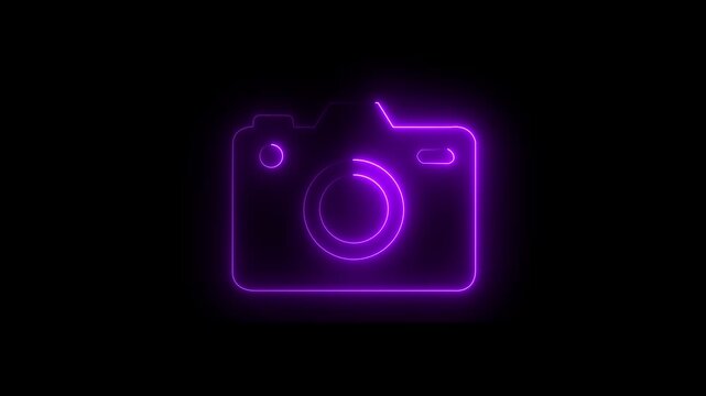 Neon glowing pink color camera icon on black background.  Glowing camera frame pictogram photograph animated.