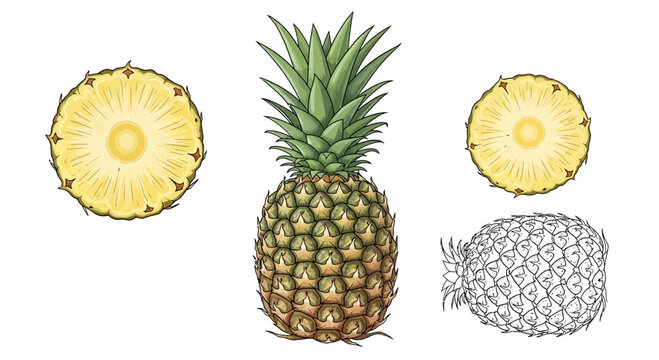 Pineapple illustration: whole, cross-section, and sketch
