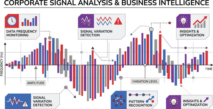 Frequency charts display corporate signal analysis and business intelligence metrics to monitor data patterns over time.