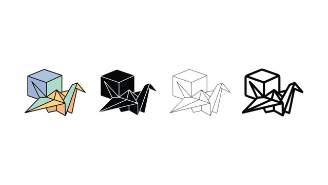 Four origami cranes with different colored cubes on white background