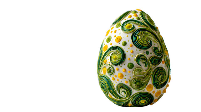 High-quality studio shot of decorated easter egg, spring holiday symbol with green swirls and yellow dots, clean composition, minimalist aesthetic, clean white background