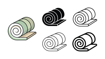 Four rolled yoga mats on stands in different colors and styles for fitness and exercise © MSTSENOARA