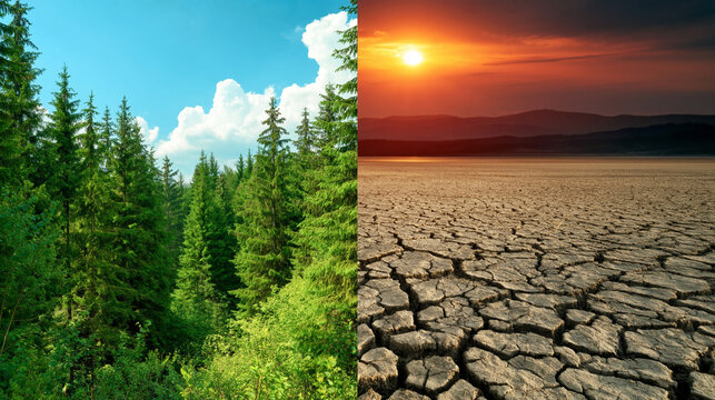 Climate change impact forests and droughts global landscape nature environmental contrast aerial view eco-concerns