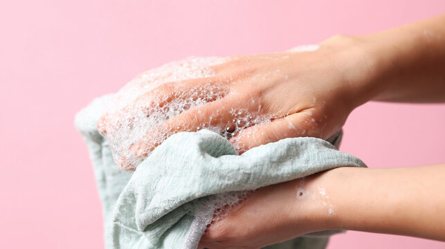 Washing and rinsing a dishcloth home kitchen cleaning activity bright environment close-up view hygiene concept