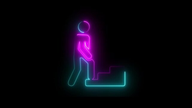 Glowing neon navy blue and pink color Treadmill machine icon isolated on black background. Runner training on gym machine animation.