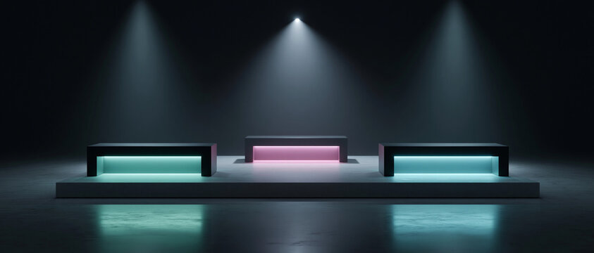 Illuminated modern furniture showcase studio image dark environment central view contemporary design trends
