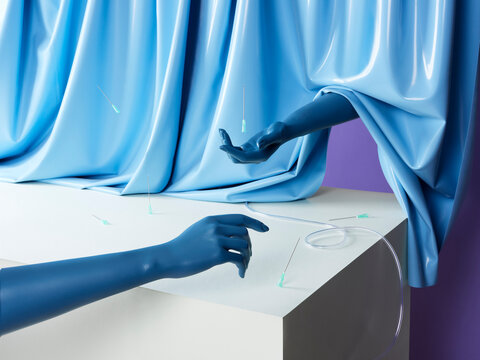 two blue mannequin hands