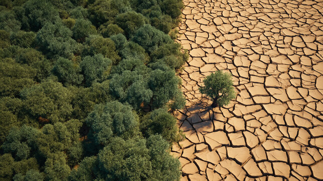 Dramatic contrast of nature forest and desert aerial view environmental change sustainability concept