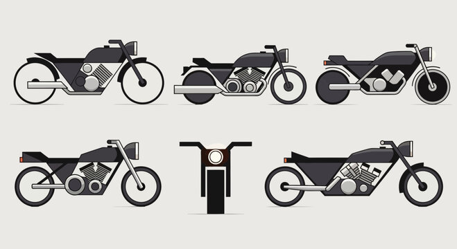 Collection of diverse retro motorcycle illustrations on grey background
