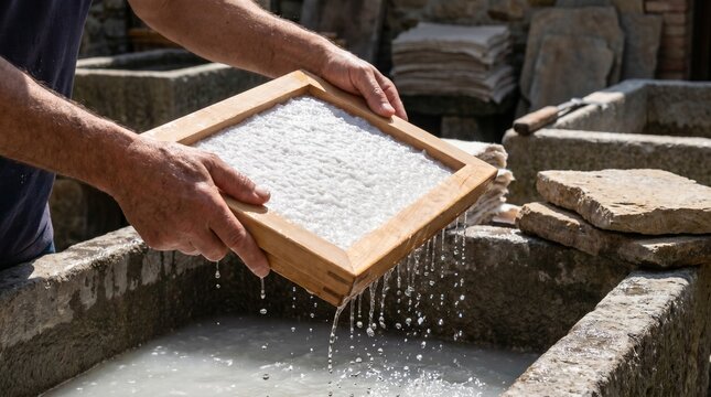 Close-up of a person's hands lifting a wooden frame with wet paper pulp from a stone vat during traditional handmade papermaking process