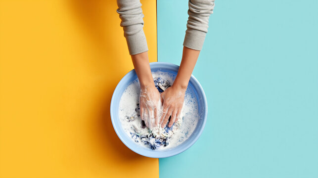 Washing clothes with hands home laundry instructional content bright environment overhead view domestic care tips