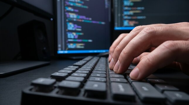 Close-up of developer hands typing on a computer keyboard with blurred programming code on background screens