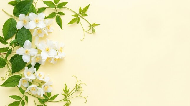 White jasmine flowers and green leaves on solid light yellow background, flat lay floral frame with copy space