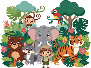 Naklejka premium Cute Cartoon Jungle Animals Collection Vector Illustration Set