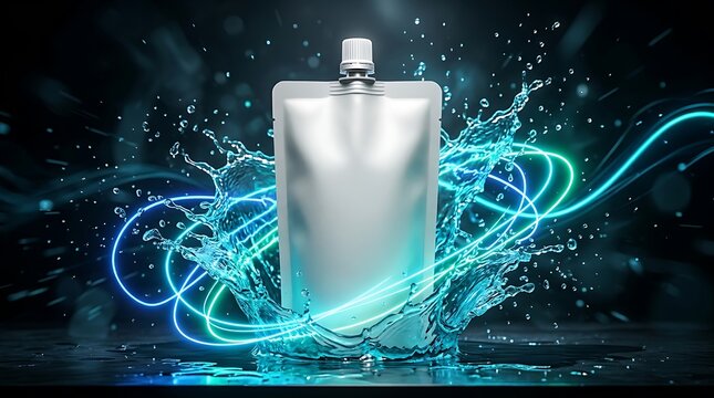 Blank silver pouch packaging product mockup with splashing blue liquid and glowing light trails on dark background