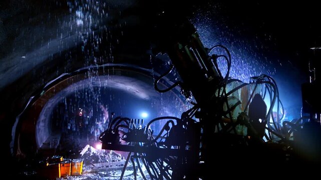 Jumbo drilling machine operates inside a wet tunnel with water spray and bright work lights, showing underground excavation, rock support preparation and active infrastructure construction.