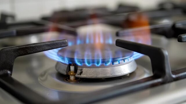 Gas Stove Burner with Blue Flame Ignited. Suitable for cooking demonstrations, kitchen appliance ads, recipe tutorials, and culinary energy