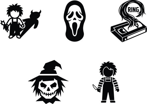 Black silhouettes of horror movie characters and symbols on white background