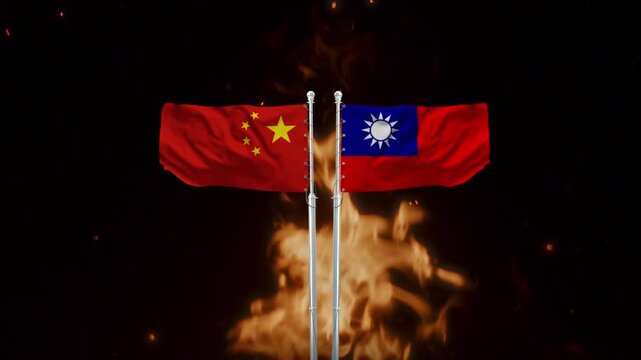 Chinese and Taiwanese flags fluttering in motion against a backdrop of intense flames
