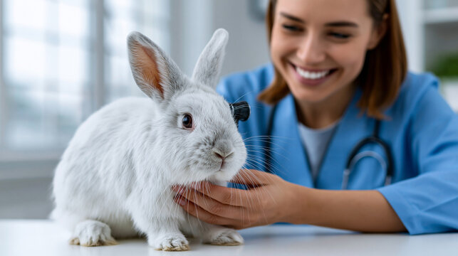 A female veterinarian examines softly a calm fluffy white rabbit on a bright examination table at an animal clinic in soft daylight, gently checking the rabbit's ears with a small