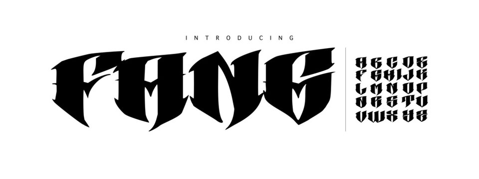 Fang: A scary beast font. Sharp blackletter display typeface with aggressive taring cuts for gaming logos and metal posters.