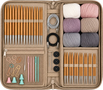 Professional knit kit with bamboo needles and yarn isolated on transparent background