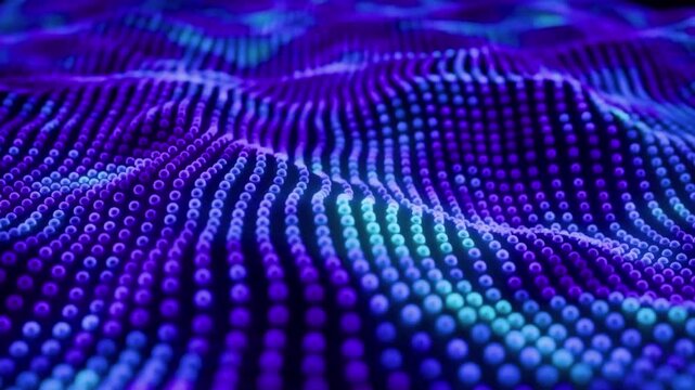 These particles emit sparkling electric blue, purple and cyber colors that fluctuate creating a subtle and cinematic three-dimensional (3D) visual effect.