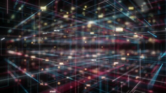 This graphic structure consists of intersecting blue and red neon lines forming a 3D grid, complemented by random data indicator text and a bokeh effect of softly sparkling yellow light particles.