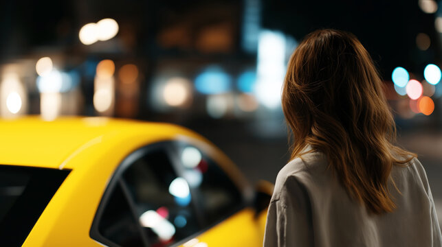 Woman standing next to a yellow taxi at night, illuminated by city lights, preparing to enter the vehicle