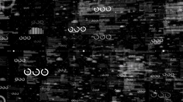 dynamic HUD (Heads-Up Display) data visualizations, pie charts, bar charts, digital lines of code, and sci-fi particle networks.