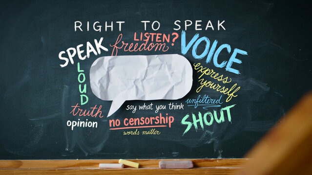 Chalkboard with freedom of speech and voice words representing right to speak, no censorship and democratic expression concept