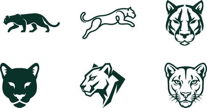 stylized panther and tiger silhouettes and heads for logo or icon design