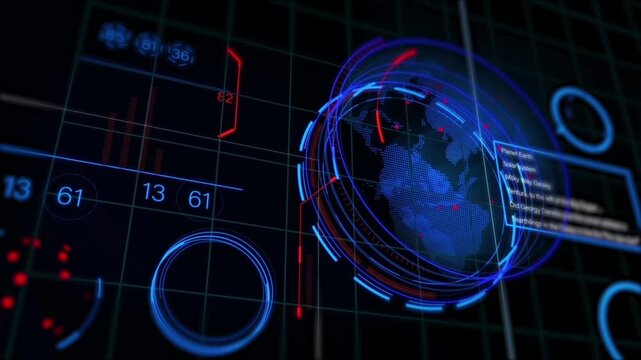 Surrounding it are various digital visual elements such as bar graphs, randomly changing numeric indicators, pie charts, and sci-fi informational text panels.
