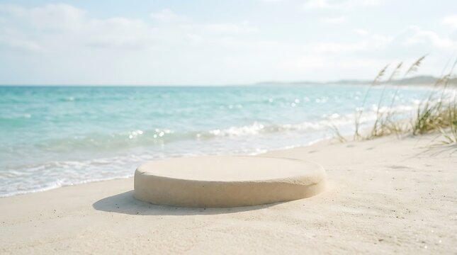 Empty round podium platform on a sunny tropical sandy beach with blue ocean water waves in the background
