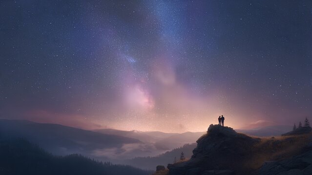 Two figures stand on a cliff edge, silhouetted against a breathtaking night sky filled with stars and nebulae.