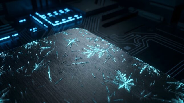 A highly detailed macro shot of frosty cracks on a computer chip in a dark environment with blue illumination