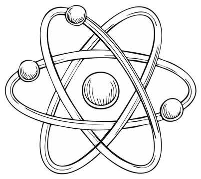 Stylized atomic model illustration with orbiting electrons and central nucleus in a scientific drawing style