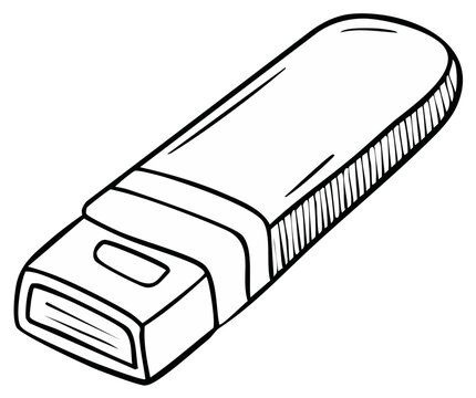 Hand drawn sketch of a USB flash drive memory stick Black and white line art of a portable data storage device