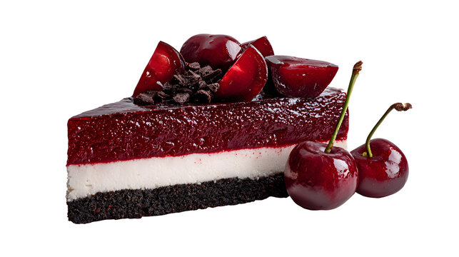 Rich cherry cheesecake slice with dark chocolate crust, clean white background