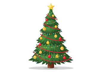 Fototapeta premium A decorated Christmas tree stands tall with ornaments and lights on a white background.
