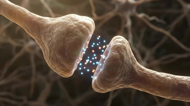 Synapse facilitating neural signal, visualizing cognitive function, showing thought formation, releasing dopamine serotonin oxytocin hormone substance.