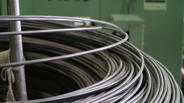 Raw manufactured steel wires twisted into a circle. The interior of the metalworking shop. Modern industrial enterprise. Technological work on the production of metal structures
