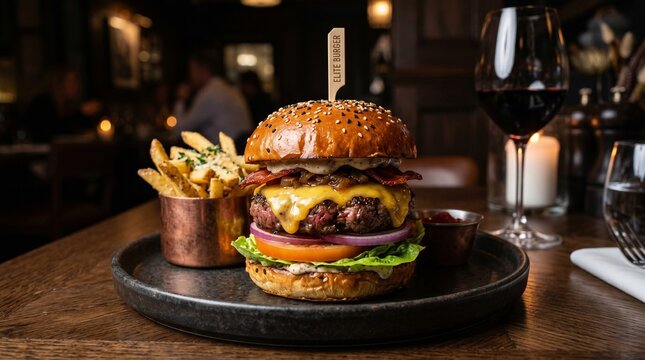 Delicious South African bobotie burger with fries and wine on a table