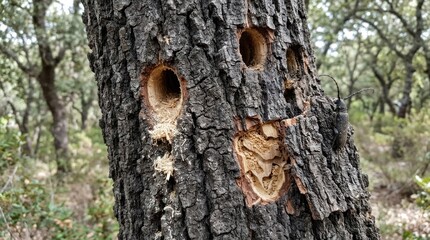 Fototapeta premium A large, dark-colored tree trunk displays a face formed by several holes in its bark. A longhorn beetle crawls along the trunk.