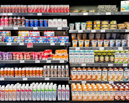 Latvia, Riga, 13, June, 2026 - Delicious and healthy bio dairy products on shelf of supermarket. Natural products without milk fat substitute. Food quality concept.