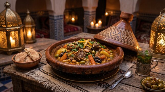 Delicious Saudi Kabsa food served in traditional clay pot on wooden table with lanterns