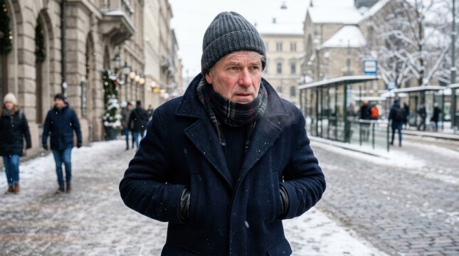 A mature man walks down a snowy street in a European city. He wears a dark blue coat, a gray knit hat, and a plaid scarf.